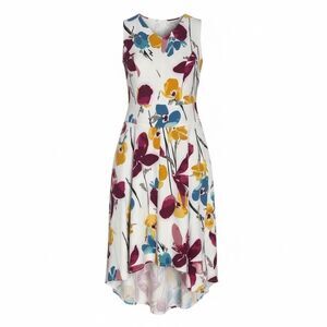 Lane Bryant White High-Low Floral Dress with Yellow, Blue & Burgundy Prints